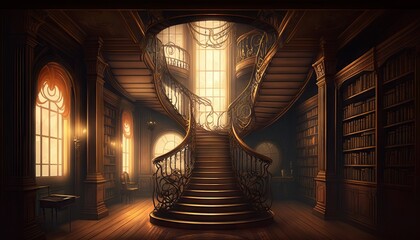 Generative AI of an old castle interior with a staircase and a bookcase - obrazy, fototapety, plakaty