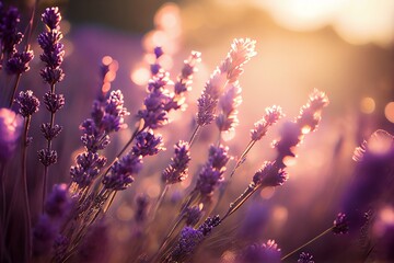 Lavender Field In Sunlight, Shallow Depth Of Field. Generative AI