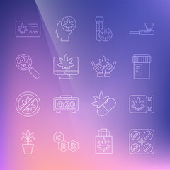 Set line Medical pills with marijuana, Marijuana and cannabis store, bottle, Chemical test tube, Monitor, Magnifying glass, Calendar leaf and icon. Vector
