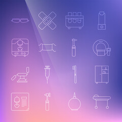 Set line Stretcher, Medicine cabinet, Tomography, Test tube and flask, Medical protective mask, X-ray machine, Safety goggle glasses and Tooth drill icon. Vector