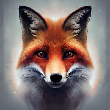 Illustrated portrait of a red fox (Vulpes vulpes) in front of a neutral background with sparklings