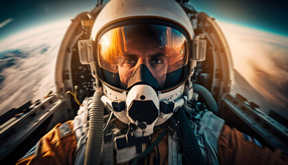 Fighter pilot cockpit view, sun light. Generation AI - obrazy, fototapety, plakaty