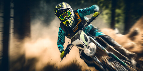 Portrait Rider dirt biker Motocross riding in forest with dust. Extreme motocross sport banner. Generation AI