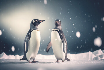 Two adult penguins. Standing on snow. Generative AI