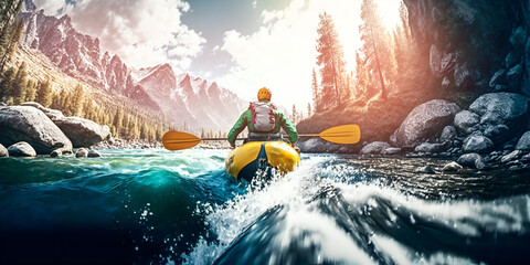 Banner Extreme sport rafting. Kayak sails on river Alps mountain with sun light. Generation AI