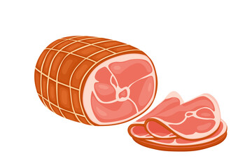 Smoked ham isolated, delicious sliced ham illustration - obrazy, fototapety, plakaty