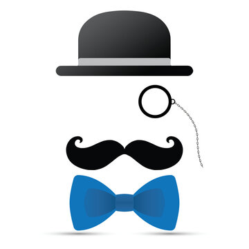 Black mustache, monocle, hat and blue bowtie on white background