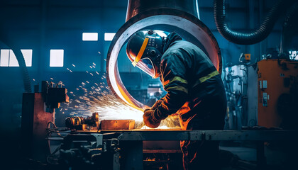 Obraz premium Worker welder with protective mask welding Manufacturing Metal, sunlight spark hot metal. Industry Heavy factory. Generation AI