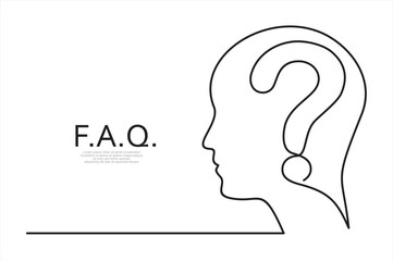 The head of a man with a question mark. FAQ is drawn by a single black line on a white background. Continuous line drawing. Vector illustration.