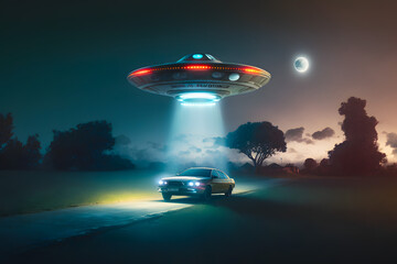View road with cars and UFO. The concept of nightly abduction of living beings by aliens of other civilizations. Generative AI
