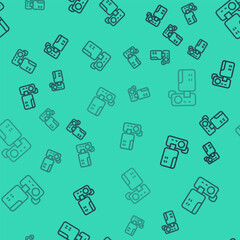 Black line Cinema camera icon isolated seamless pattern on green background. Video camera. Movie sign. Film projector. Vector