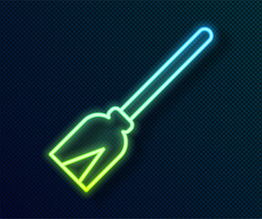 Glowing neon line Handle broom icon isolated on black background. Cleaning service concept. Vector