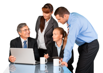 Group of businesspeople talking near the table with laptop and cups, isolated on white