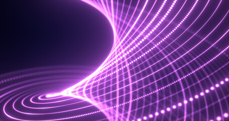 Abstract purple waves from lines and dots particles of glowing swirling futuristic hi-tech with a blur effect on a dark background. Abstract background