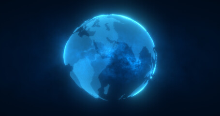 Abstract blue planet earth spinning with futuristic high-tech particles bright glowing magical energy, abstract background