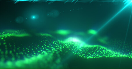 Abstract glowing green magic energy wave from particles and dots bright shiny on a dark background. Abstract background
