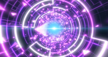 Abstract purple glowing neon laser tunnel futuristic hi-tech with energy lines and flying particle fragments, abstract background