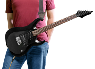 Young man with guitar isolated on white