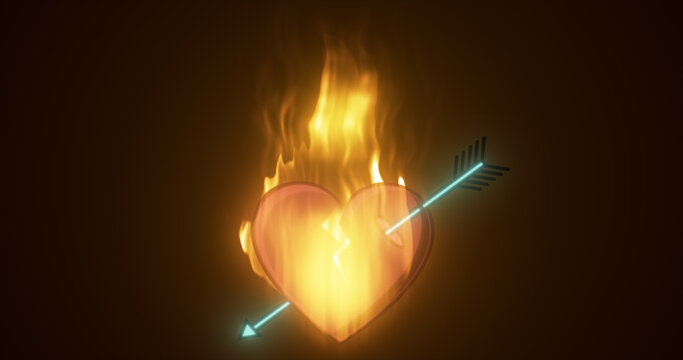 Abstract fiery loving heart burning in a flame pierced by an arrow of Cupid on a dark  background