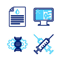 Fototapeta premium Set line Crossed syringe, Gene editing, Clinical record on monitor and Clipboard with blood test icon. Vector