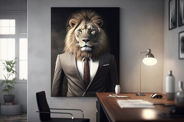 Lion man in a business suit in the office. Businessman predator. Corporation boss. Company director. Generative art.