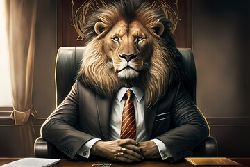 Lion man in a business suit in the office. Businessman predator. Corporation boss. Company director. Generative art.