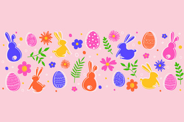 Fototapeta premium Easter banner with coloured eggs, bunnies and flowers. Vector illustration