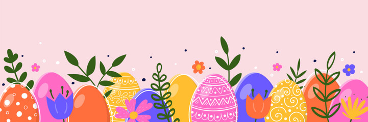 Easter banner with hand drawn eggs and flowers. Concept of Easter decoration. Vector illustration