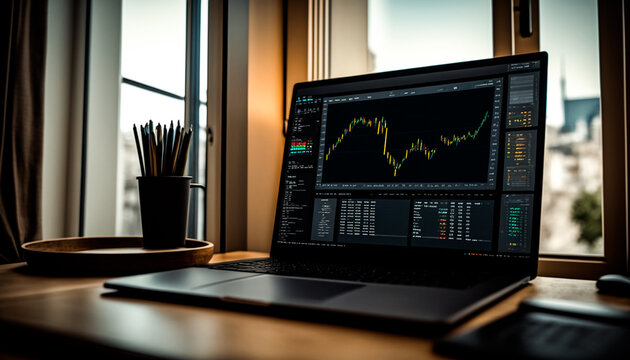 Stock trading at home, Laptop on a desk, bllured home office