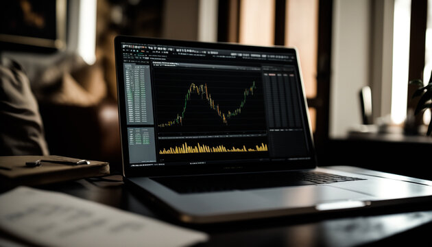 Stock trading at home, Laptop on a desk, bllured home office