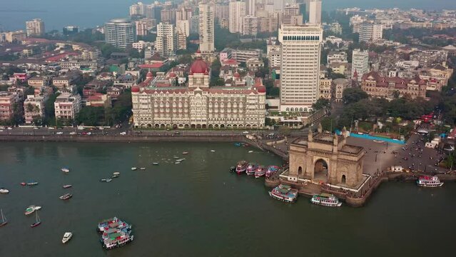Mumbai Gateway of India landmark, aerial drone view on a clear day, 4k cinematic
