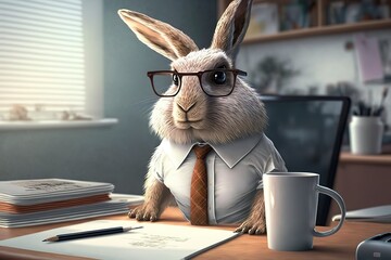 Rabbit man in a shirt in the office. The clerk is doing paperwork. Nerd hare doing routine. Generative art.
