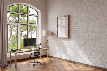 comfortable workplace with pc standing on wooden desk in office at home; bright sunlight shines through large window; wall; with canvas copy space;  remote work freelance concept; 3D Illustration
