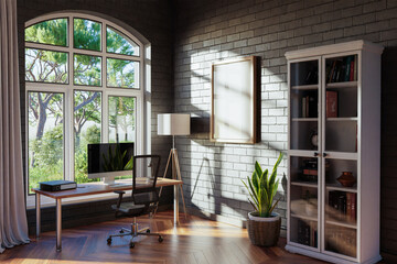 comfortable workplace with pc standing on wooden desk in office at home; bright sunlight shines through large window; wall with canvas copy space;  remote work freelance concept; 3D Illustration