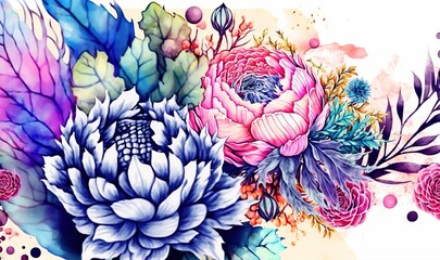  a bouquet of flowers painted in watercolor on a white background with a splash of paint on the bottom half of the image and the flowers on the bottom half of the image.  generative ai