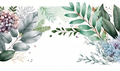 a watercolor painting of flowers, leaves and berries on a white background with a place for a text or a picture or a logo.  generative ai