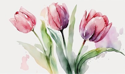  a watercolor painting of pink tulips on a white background with green leaves and watercolor splashes on the bottom of the image.  generative ai