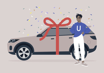 A cheerful young male African character being gifted their first car, a celebratory moment
