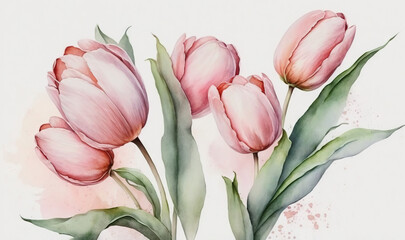  a painting of three pink tulips with green leaves on a white background with watercolor splashes on the bottom of the image.  generative ai