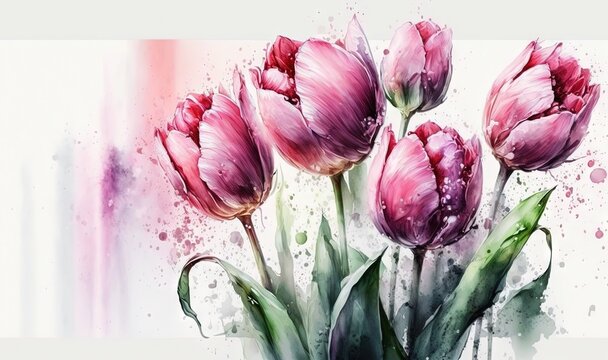  a painting of pink tulips in a vase on a white background with watercolor splashes on the bottom of the image and bottom half of the image.  generative ai