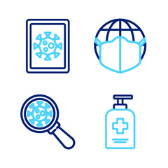 Set line Liquid antibacterial soap, Virus under magnifying glass, Earth with medical mask and statistics on monitor icon. Vector