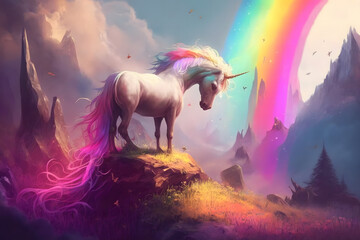 Magic unicorn in fantastic world with fluffy clouds and fairy meadows. Neural network AI generated art - obrazy, fototapety, plakaty