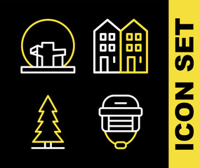 Set line House, Hockey helmet, Canadian spruce and Montreal Biosphere icon. Vector