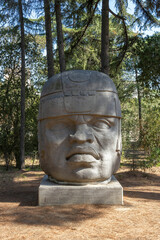 A replica of the Cabeza Colossal Olmec located in the garden of the Torre Girona, in front of the Barcelona Supercomputer Center building