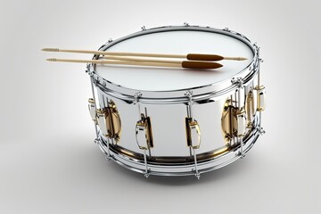 Obraz na płótnie Canvas Silver Chrome Snare Drum with Sticks. White background. Photo generative AI