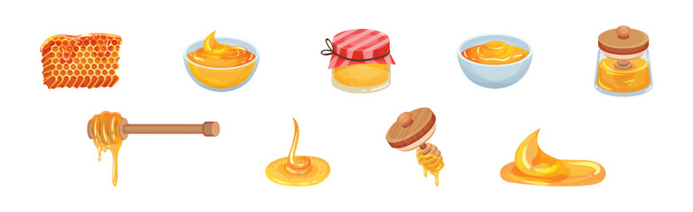 Honey with Dipper and Honeycomb with Sticky Golden Nectar Vector Set