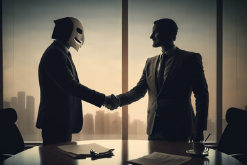 business man handshake, one of business man have a mask. IA art generated image - obrazy, fototapety, plakaty