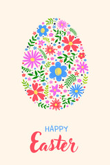 Colourful Easter egg with hand drawn flowers. Concept of a greeting card. Vector illustration
