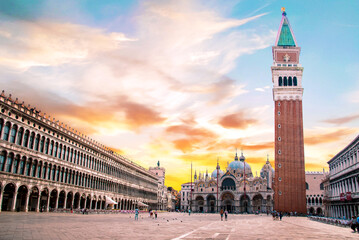 Breathtaking view of the Piazza San Marco square with Basilica of Saint Mark in Venice, Italy. Amazing places. Popular tourist atraction. - obrazy, fototapety, plakaty