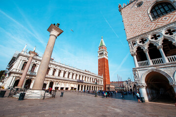 Breathtaking view of the Piazza San Marco square with campanile of Saint Mark in Venice, Italy. Amazing places. Popular tourist atraction. - obrazy, fototapety, plakaty